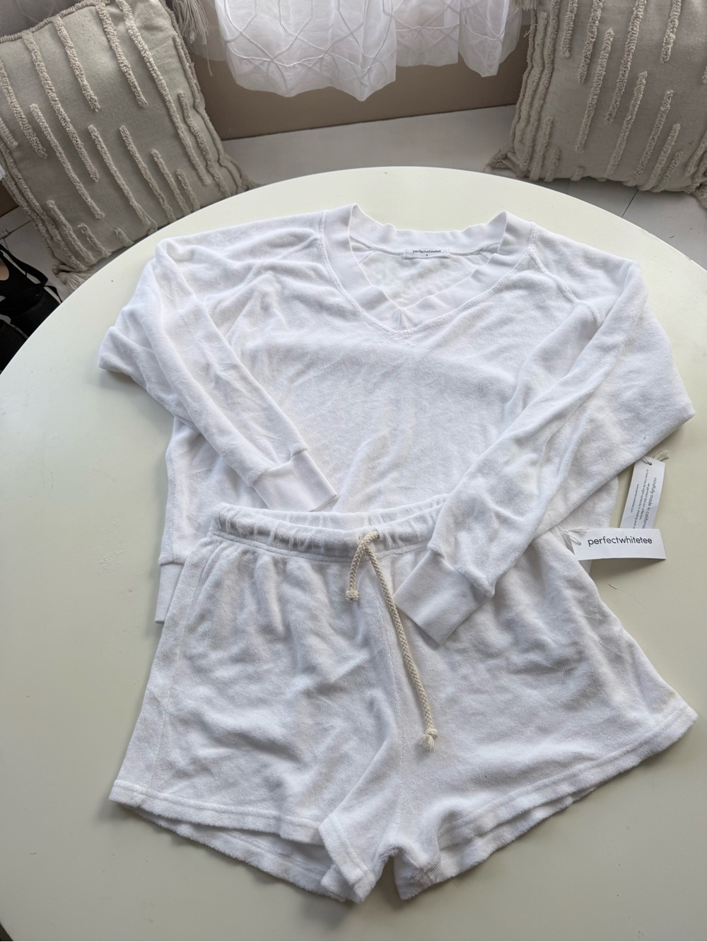 perfectwhitetee White Terry Knit Lounge Top & Drawstring Shorts Set